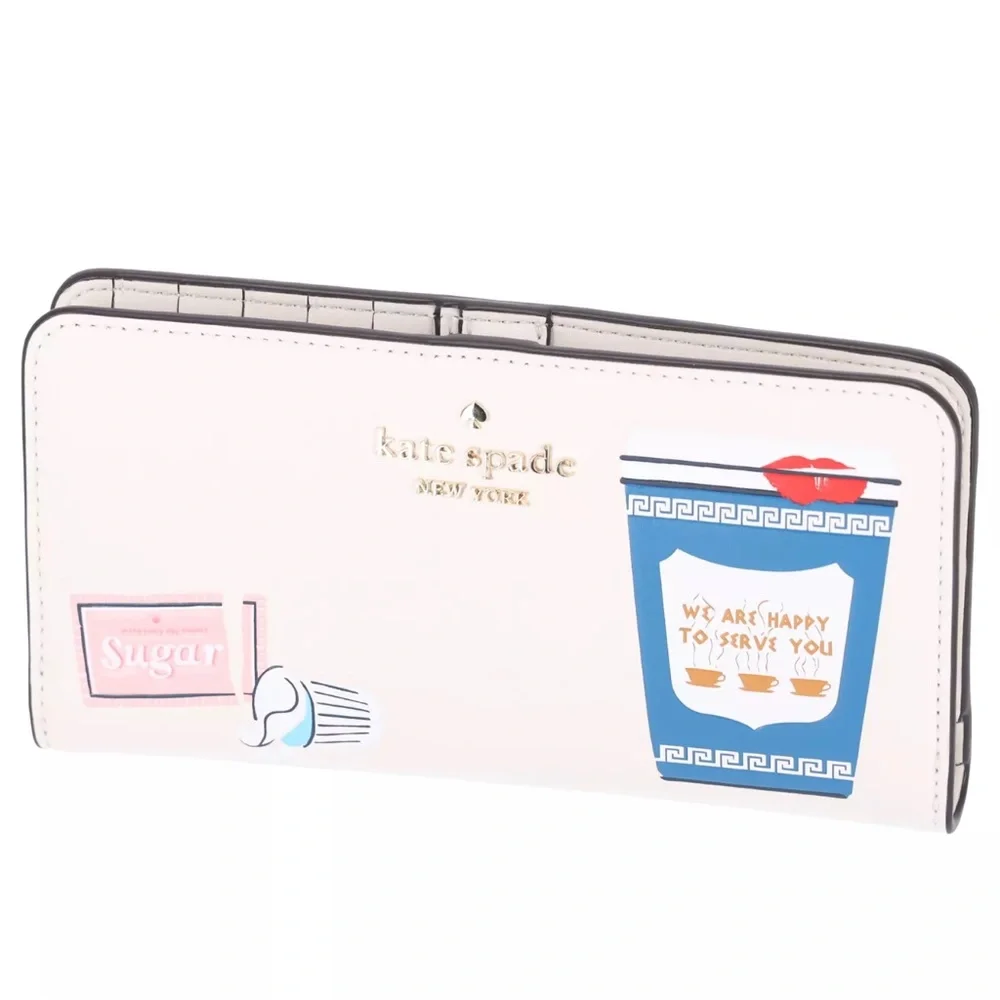 Kate Spade Coffee Break Large Slim Bifold Wallet Leather Cream Multi
